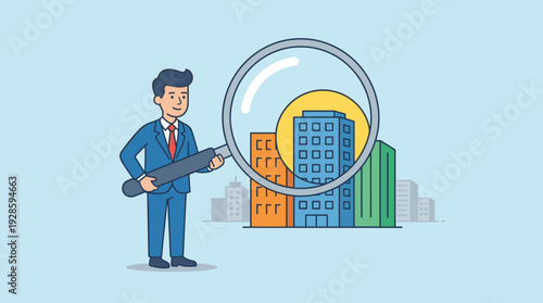 Businessman in a Blue Suit Holding a Large Magnifying Glass to Inspect and Select Office Buildings in a Cityscape, Concept for Real Estate Search, Market Analysis, and Company Selection