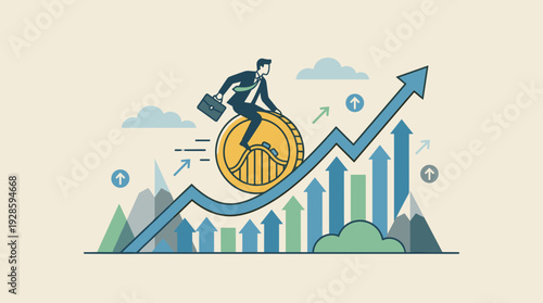 Businessman riding a gold coin like a roller coaster on a rising business growth chart. Concept of financial success, economic progress, investment strategy, and stock market profit trends.