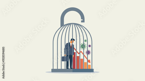 Businessman Trapped in Birdcage Padlock with Declining Bar Graph and Virus Pathogens, Concept of Economic Recession, Financial Crisis, and Business Lockdown During Global Pandemic Crisis