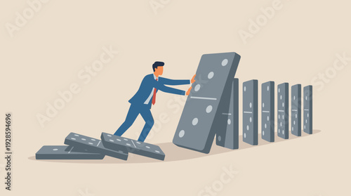 Businessman Stopping Falling Dominoes Vector Illustration. Concept of Crisis Management, Risk Mitigation, and Leadership Intervention to Prevent Chain Reaction and Business Failure in Corporate.