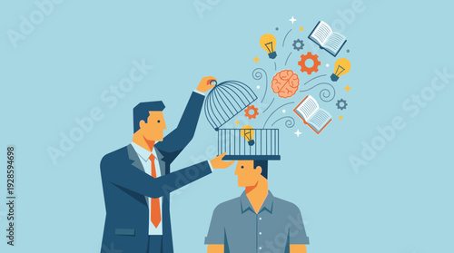 Businessman Opening a Cage on a Man's Head to Release Creative Ideas, Lightbulbs, Books, and Gears; Concept of Mental Freedom, Unlocking Potential, Education, and Innovative Thinking Illustration
