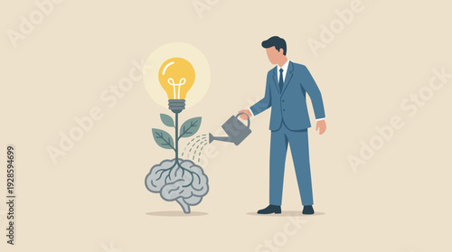 Businessman watering a growing lightbulb plant from a human brain as a metaphor for personal growth, creative thinking, innovation, and nurturing new ideas in business, education, and strategy.