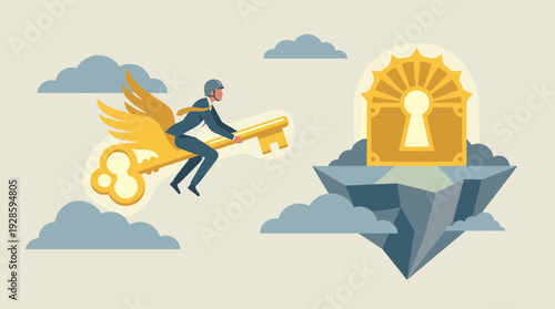 Businessman Riding a Flying Golden Key with Wings Towards a Glowing Keyhole on a Floating Island, Metaphor for Business Success, Unlocking Potential, Creative Strategy and Achieving Career Goals