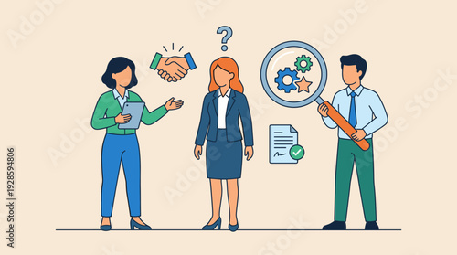 Recruitment and Human Resources Management Concept with HR Professionals Evaluating a Job Candidate, Searching for Talent, Hiring Process, Interviewing, and Selecting the Best Employee Graphic.
