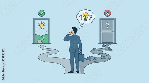 Businessman Standing at Crossroads Choosing Between Two Paths, One Leading to Success and Bright Future, the Other to Uncertainty and Risk. Concept of Decision Making, Career Growth, and Strategy.