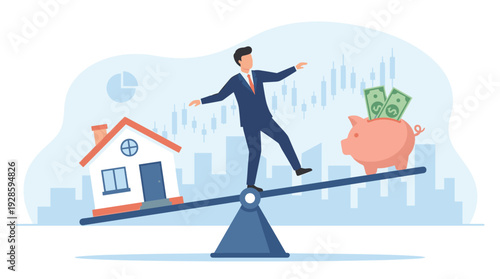 Businessman balancing a house and a piggy bank on a seesaw, representing property investment, home mortgage, financial planning, real estate market, savings strategy, and economic stability.