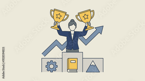 Successful Businesswoman Holding Two Gold Trophies on a Winner Podium with Upward Growth Arrow, Gear, Book, and Mountain Icons Representing Achievement, Leadership, Career Success, and Excellence