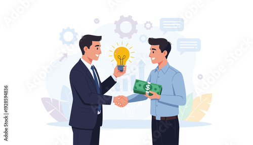 Businessman selling a creative idea to an investor for money. Two men shaking hands, one holding a glowing light bulb and the other a stack of cash. Concept of startup funding and partnership.