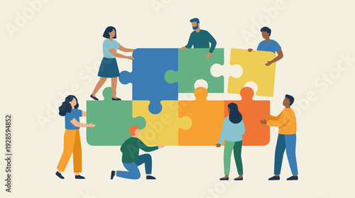 Diverse Group of People Working Together to Assemble a Large Colorful Jigsaw Puzzle, Metaphor for Teamwork, Collaboration, Business Partnership, Problem Solving, and Community Unity Illustration