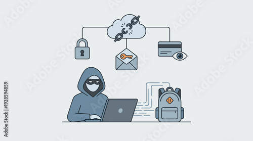 Cybercriminal Hacker Stealing Sensitive Personal Information, Passwords, and Credit Card Data from Cloud Storage, Concept of Data Breach, Identity Theft, and Internet Security Vulnerability.
