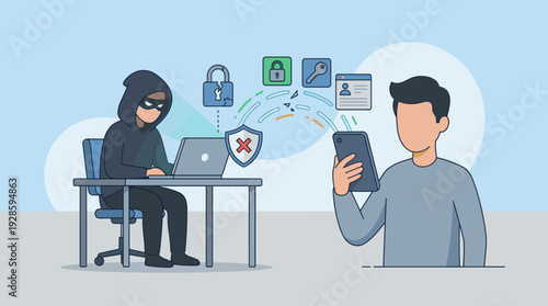 Cybercrime and Data Breach Concept Illustration: A Hacker Stealing Personal Information, Passwords, and Private Data from a Man's Smartphone using a Laptop with Broken Security Icons and Shield.