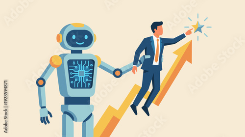 Artificial Intelligence Helping Business Achievement: Robot Lifting a Businessman Towards Success and Growth with an Upward Arrow and Star, Representing AI Adoption, Innovation, and Future Tech.