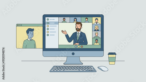 Professional Video Conference and Online Meeting Concept with Businessman Presenting on Computer Screen, Remote Work Workspace with Keyboard, Mouse, and Coffee Cup in Flat Vector Illustration