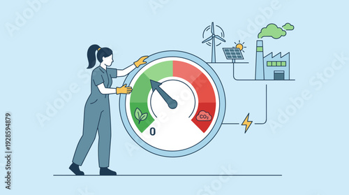 Woman in Jumpsuit Adjusting Large Gauge to Zero Emission Level, Sustainable Energy Concept with Wind Turbine, Solar Panel, and Factory, Decarbonization and Carbon Footprint Reduction Vector