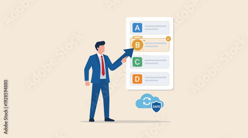 Businessman in Suit Choosing Plan B as a Strategic Backup Option for Risk Management, Selecting Between Multiple Choices on a List with Cloud Storage and Security Shield for Data Protection.