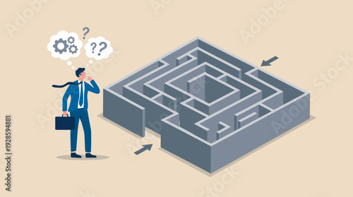 Businessman in a suit standing before a complex 3D labyrinth maze, contemplating the path forward with thought bubbles of gears and question marks. Concept of strategy and problem solving.