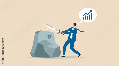 Businessman Pulling Sword from Stone for Business Power and Leadership Concept. Professional Man in Suit with Glowing Sword, Gear on Rock, and Rising Growth Chart in Thought Bubble. Strategy.
