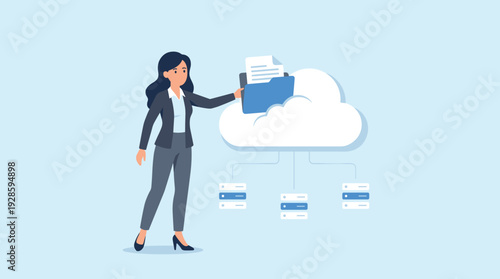 Professional woman putting a folder into a cloud icon connected to servers. Concept of internet hosting, online data storage, digital document management, and cloud computing technology.