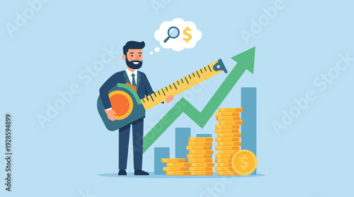 Businessman measuring financial growth and income revenue with a tape measure, concept of profit analysis, investment success, and economic progress with stacks of gold coins and rising arrow.