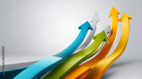 Four colorful arrows in blue, green, yellow, and orange curving upward at different heights against a clean white background, multi-sector growth concept, business competition