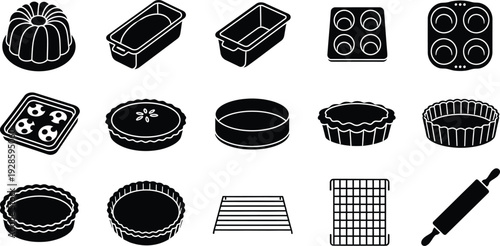 Collection of fifteen black silhouette icons representing various baking tools and bakeware items