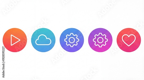 Gradient Circle UI Icons Set with Play Cloud Settings and Heart