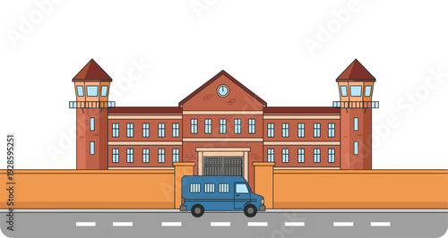 Prison Building Illustration with Secure Walls and Transport Van Showing Correctional Facility Exterior, Law Enforcement Concept, and Justice System Vector Design