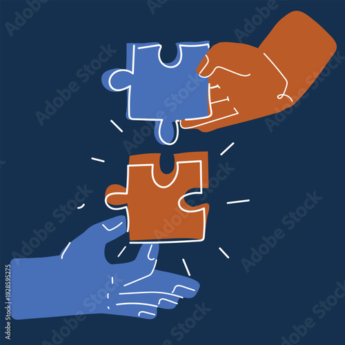 Cartoon vector illustration of puzzle pieces connecting as a metaphor for teamwork, collaboration, and problem solving
