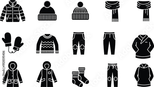 Set of winter clothing black icons including jackets, hats, scarves, and mittens on a white background.