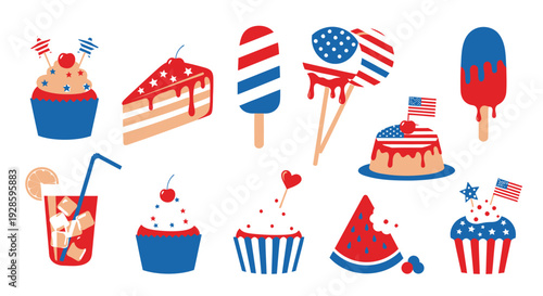 American dessert icon collection. Includes cupcakes, cake, popsicles, ice cream, watermelon, soda. Created in colorful flat style with red, white, and blue palette