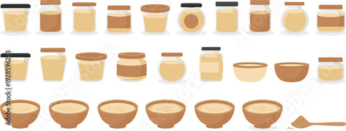 Honey Jar and Bowl Illustration Set with Glass Containers, Wooden Dippers, and Natural Sweet Food Packaging Designs for Vector Projects