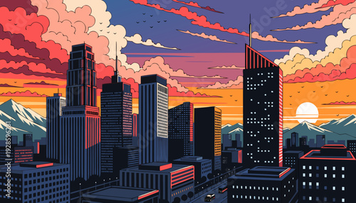Vibrant Sunset Over Downtown Metropolis Skyline with Distant Mountain Range in Retro Cartoon Style denver skyline vector