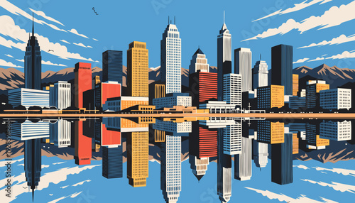 Modern Metropolitan Skyline Reflected in Calm Water Under Bright Blue Sky and Distant Mountains denver skyline vector