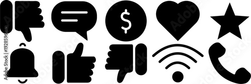 Social media icons: communication, likes, dislikes, and notifications, isolated on white background.