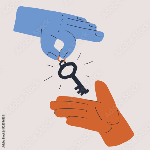 Cartoon vector illustration of one hand passing a key to another symbol of trust, opportunity, and shared responsibility