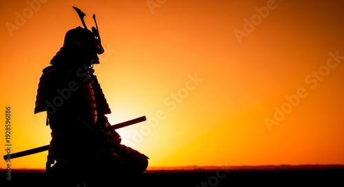 Japanese samurai silhouette at sunset, traditional bushido warrior in kabuto armor, ancient ronin fighter profile against orange sky