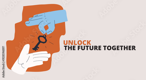 Cartoon vector illustration of one hand passing a key to another, symbolizing cooperation as sharing access and new possibilities
