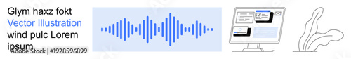 Audio visualization, UI design, abstract art, digital tools, technology concepts, computing. Minimalist soundwave, monitor screen with UI widgets abstract line drawing. Audio visualization and UI