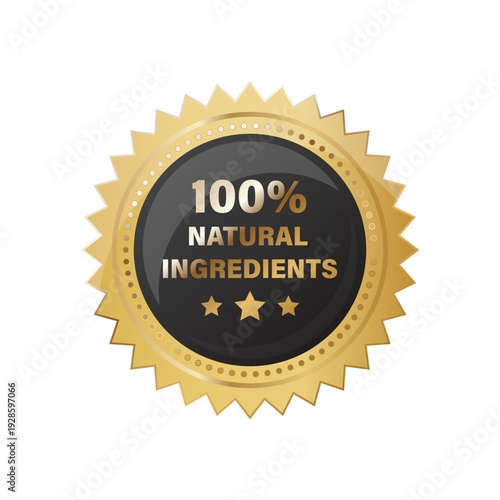 Golden natural ingredients badge for organic cosmetics and healthy food products to attract eco conscious consumers