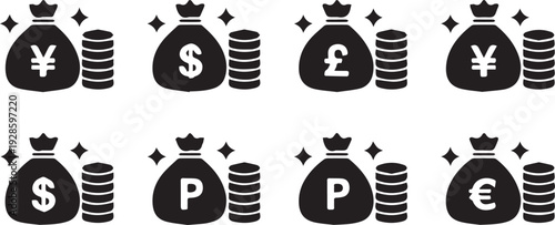 Collection of currency symbols and money bags, representing financial transactions and wealth in a stylized graphic illustration