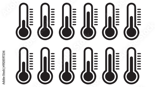 Vector illustration of twelve identical black and white thermometers arranged in a grid, all displaying a uniform temperature, useful for weather and climate graphics