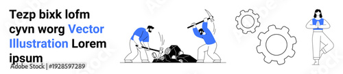 Business teamwork, collaboration, labor workforce, mechanical processes, industrial work, teamwork motivation. Workers breaking rocks, gear symbols a standing person. Teamwork and collaboration