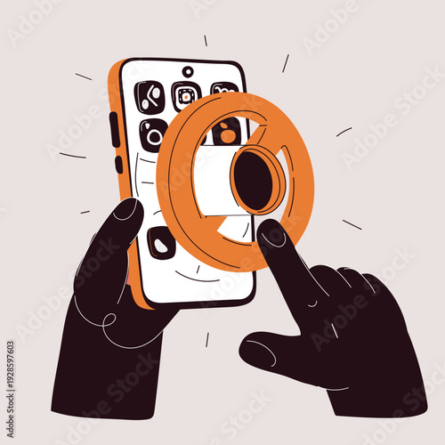 Cartoon vector illustration of hands holding a smartphone with a prohibition sign while using tunneling symbol of overcoming restrictions and digital freedom