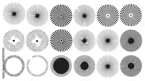 Abstract collection of varied radial and concentric line patterns, featuring diverse geometric shapes and optical effects for modern design and technical illustrations