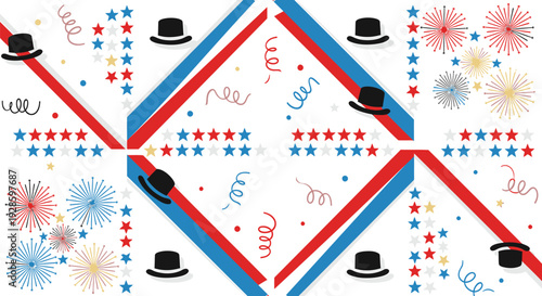 4th of July seamless pattern with fireworks, hats and stars