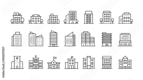 Collection of diverse outline building icons, perfect for architectural design, urban planning, and real estate web or mobile application interfaces