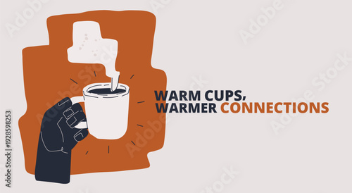 Cartoon vector illustration of a hand holding a mug of tea or coffee as a metaphor for comfort, warmth, and relaxation