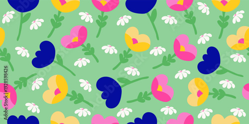 A colorful, trendy floral print on a green background with a decorative pattern. A spring floral print for fabric, paper, or packaging.