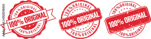 Collection of red one hundred percent original rubber stamp vectors in various circular shapes for branding