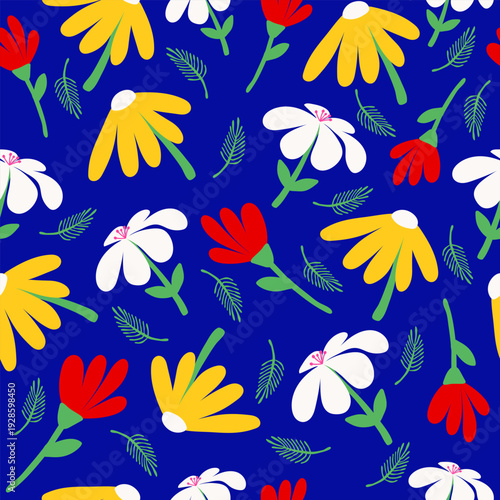 Seamless pattern with stylized red, white, and yellow flowers and green leaves on a blue background for textile design.